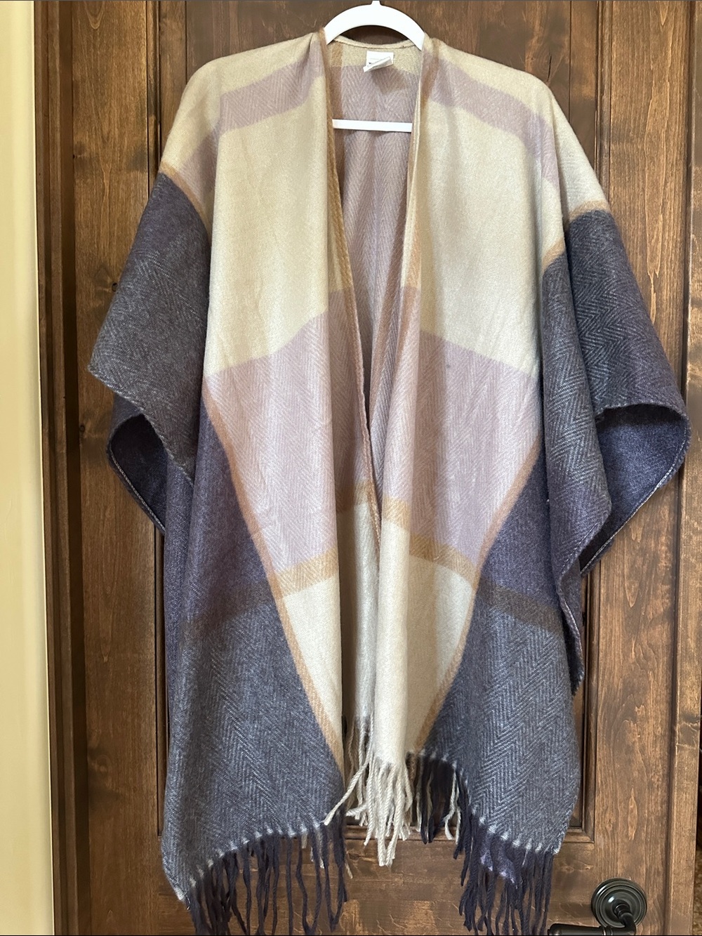 Woolrich Open-Front Fringe Cape in Cream, Mauve and Gray